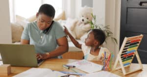 Laptop, Phone Call And Busy Mother With Kid For Work From Home, Child Education Care And Administration Management Job In Living Room. Productivity, Cellphone And Black Woman Mom With Baby Attention